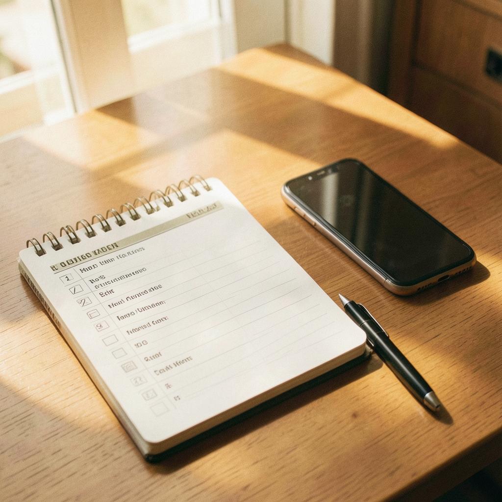 A notebook checklist, phone and pen on a sunlit desk