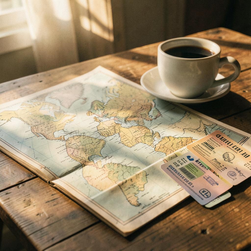 An open world map with boarding passes and a coffee cup on a wooden table