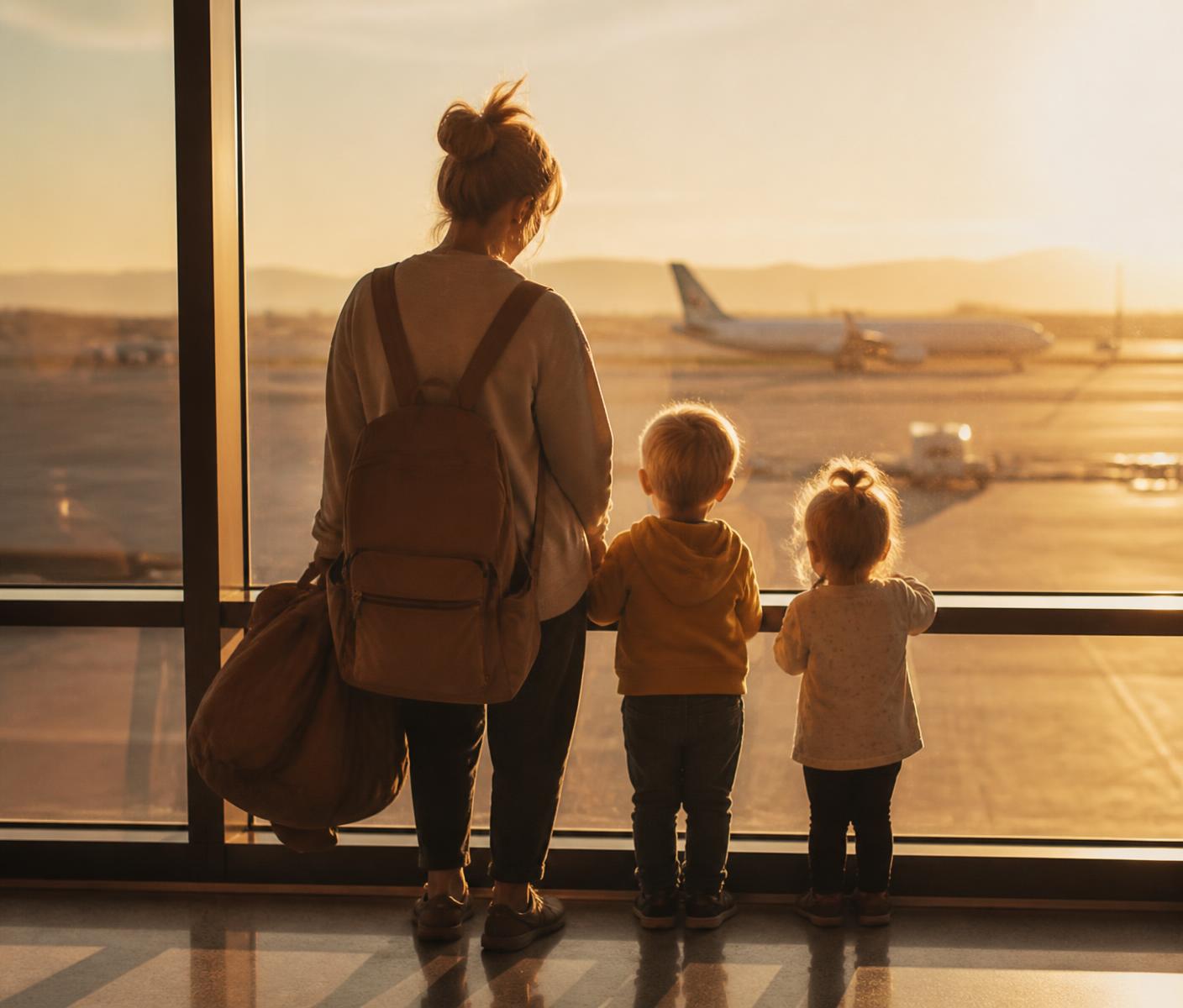 A mom and two young children watching planes through an airport window