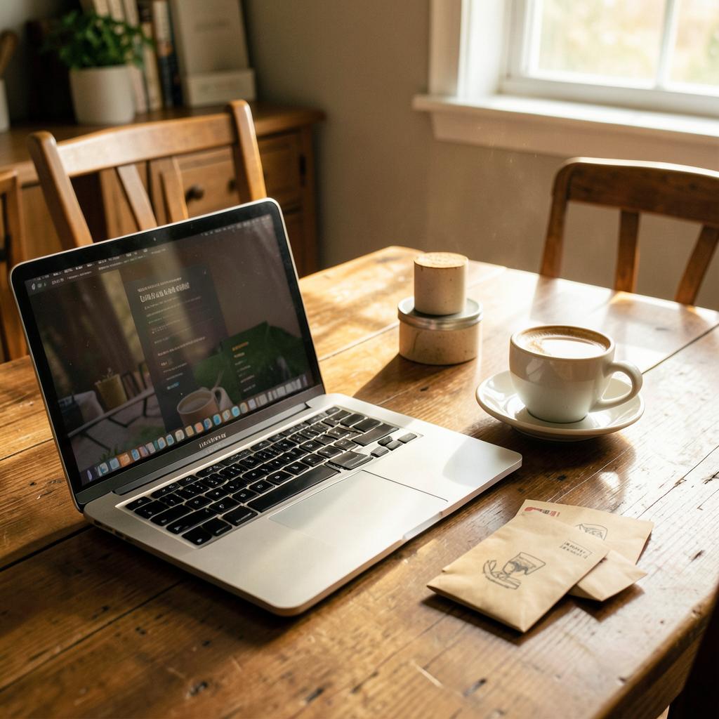 A laptop, coffee and small shipping envelopes on a sunlit dining table