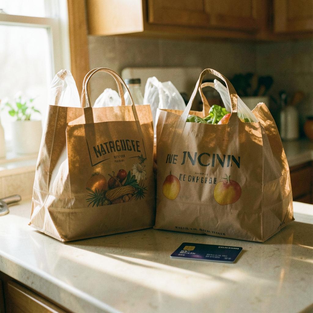 Grocery bags and a credit card on a sunlit kitchen counter