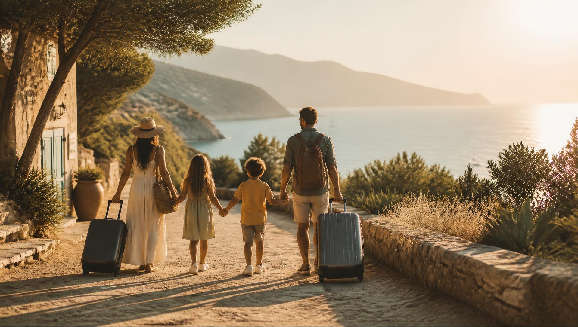 A family walking a coastal path with suitcases in the late afternoon