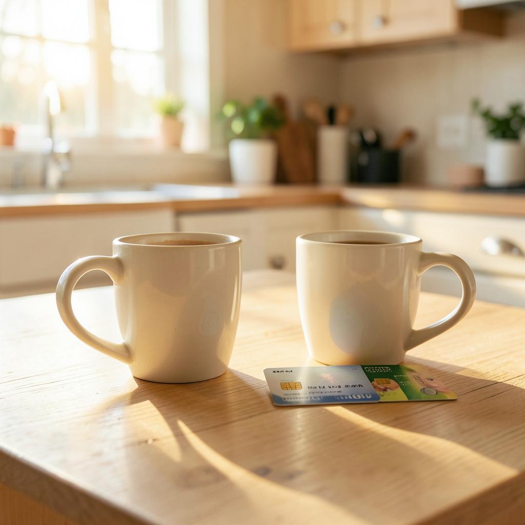 Two coffee mugs and two credit cards on a sunlit kitchen table